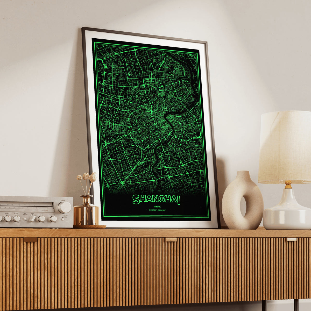 Shanghai Phosphor Map Poster - Phosphor Green