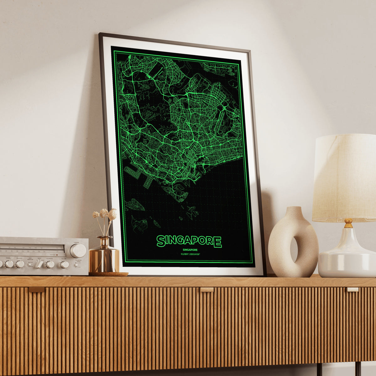 Singapore Phosphor Map Poster - Phosphor Green