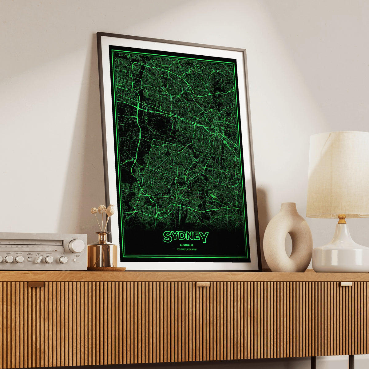 Sydney Phosphor Map Poster - Phosphor Green