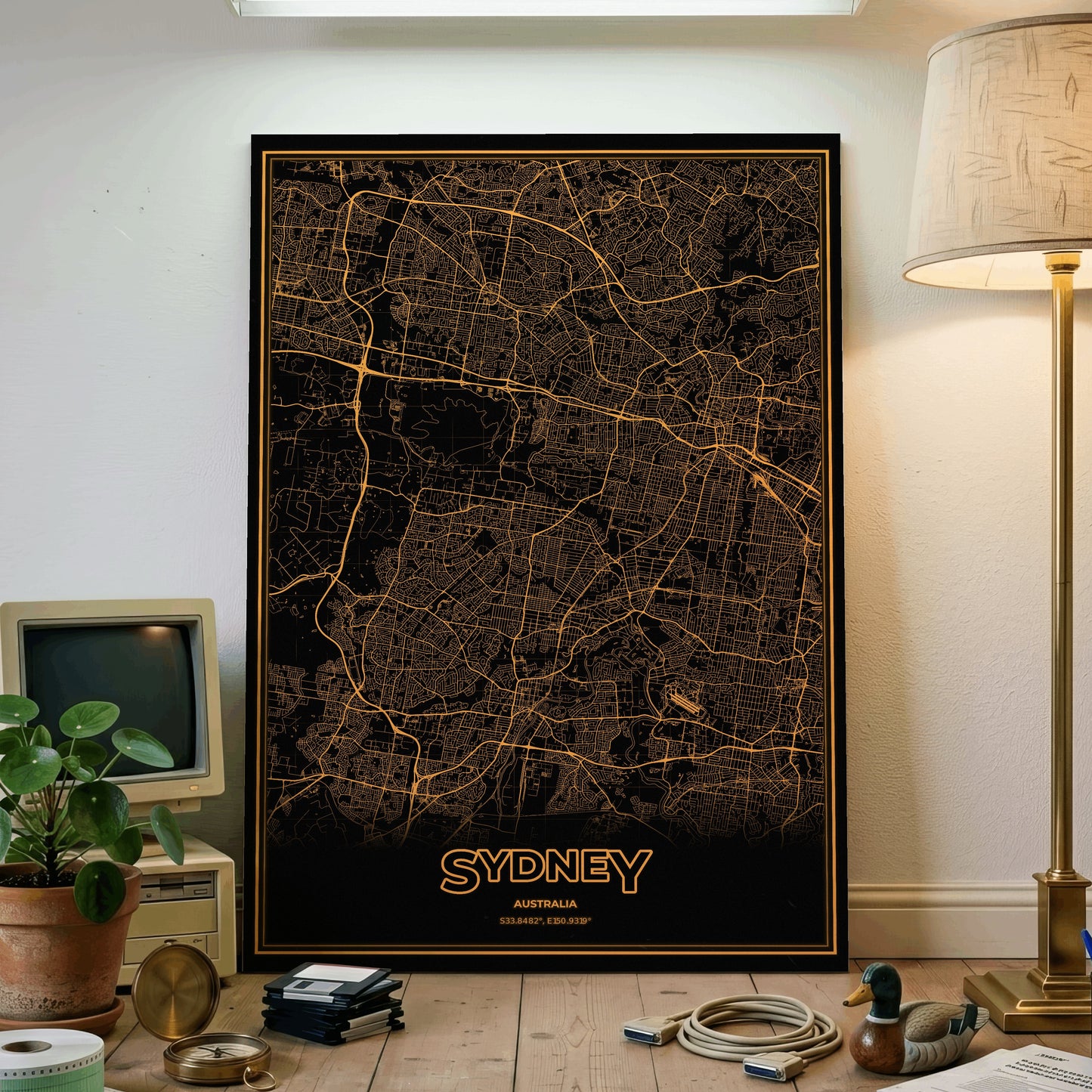 Sydney Phosphor Map Poster - Amber CRT