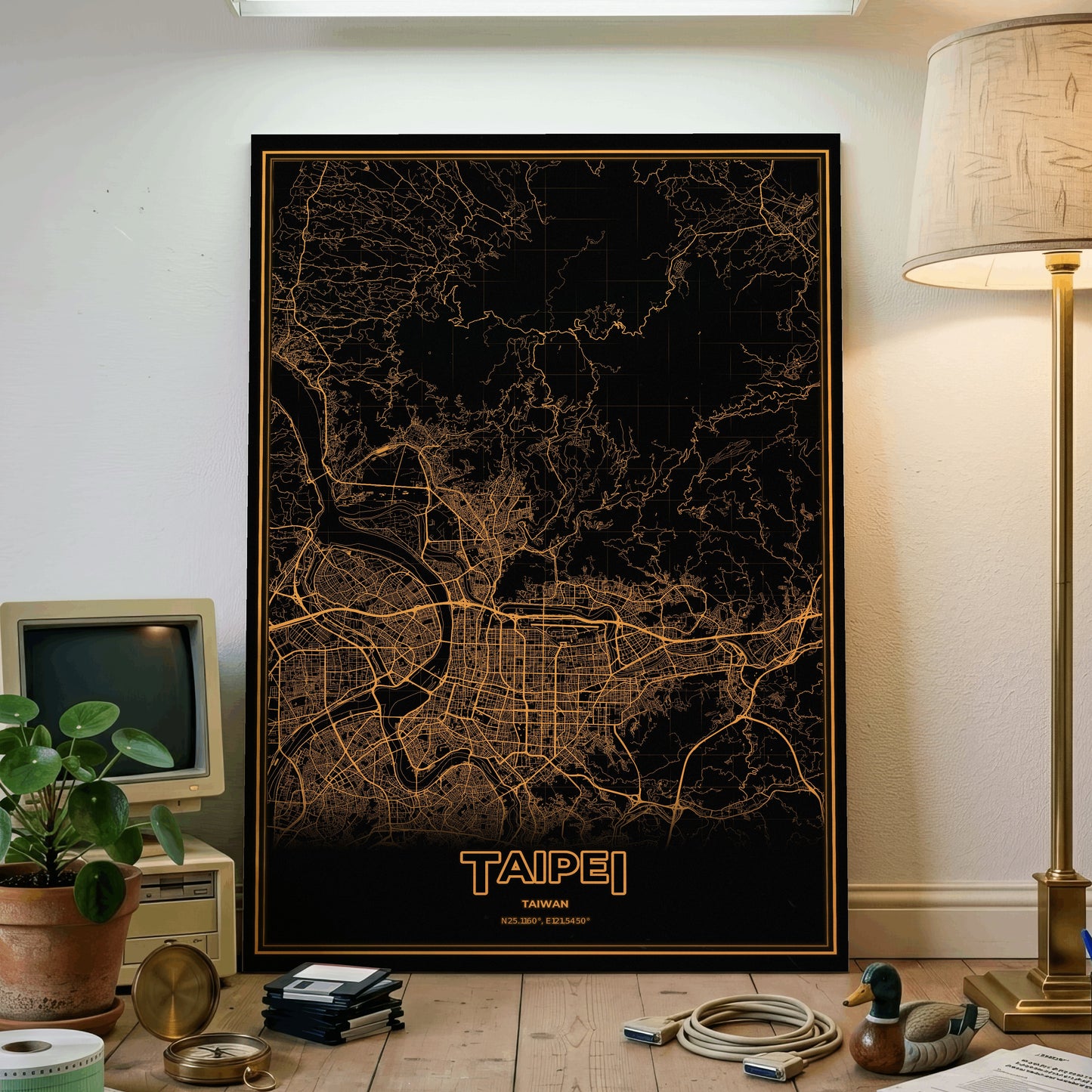 Taipei Phosphor Map Poster - Amber CRT