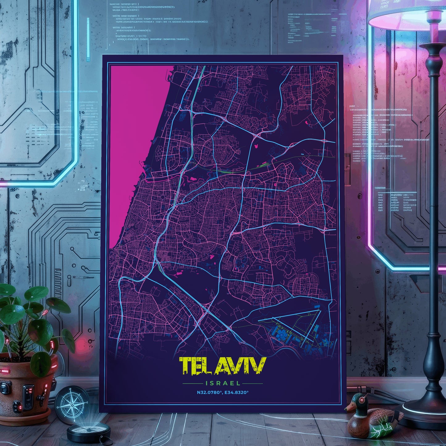 Tel Aviv Cyberpunk Map Poster