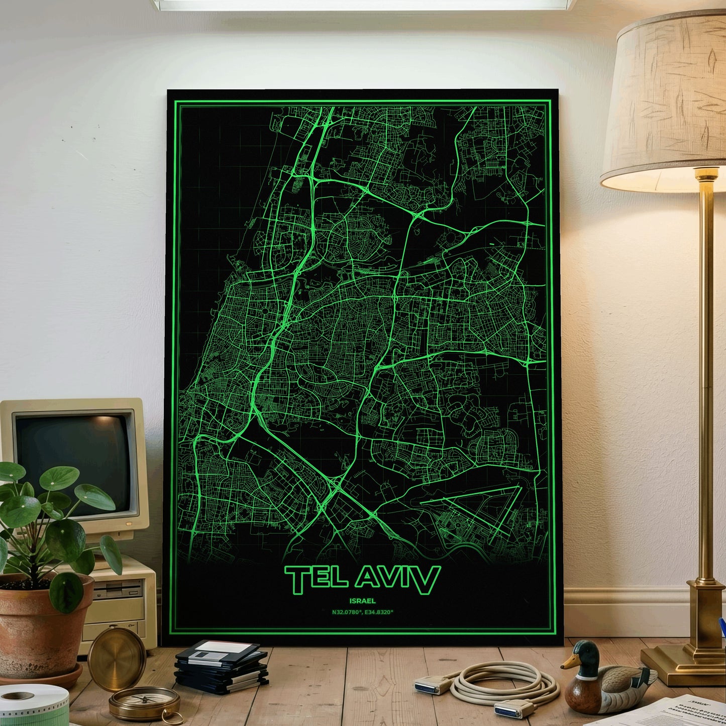 Tel Aviv Phosphor Map Poster - Phosphor Green