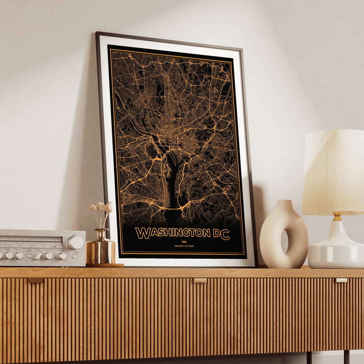 Washington DC Phosphor Map Poster - Amber CRT