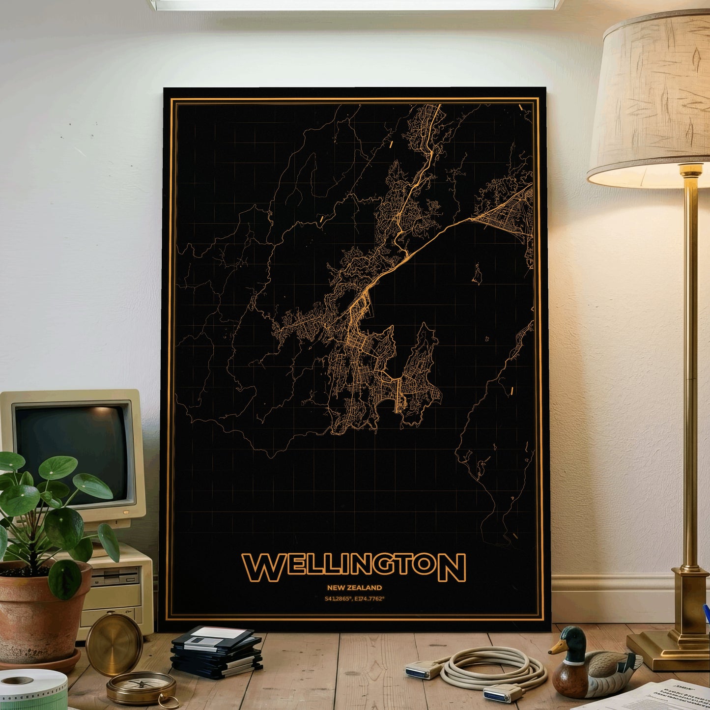 Wellington Phosphor Map Poster - Amber CRT