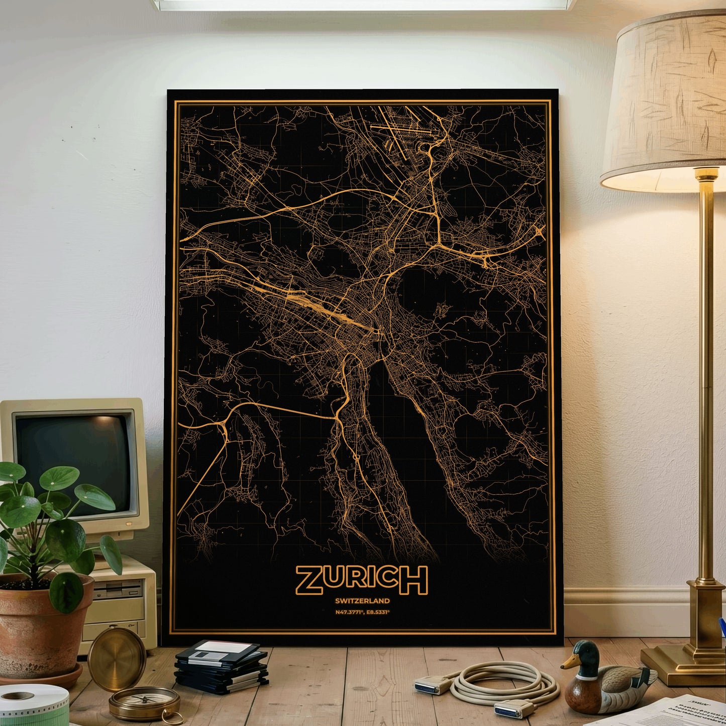 Zurich Phosphor Map Poster - Amber CRT