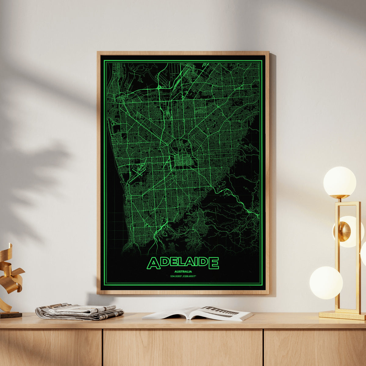 Adelaide Phosphor Map Poster - Phosphor Green