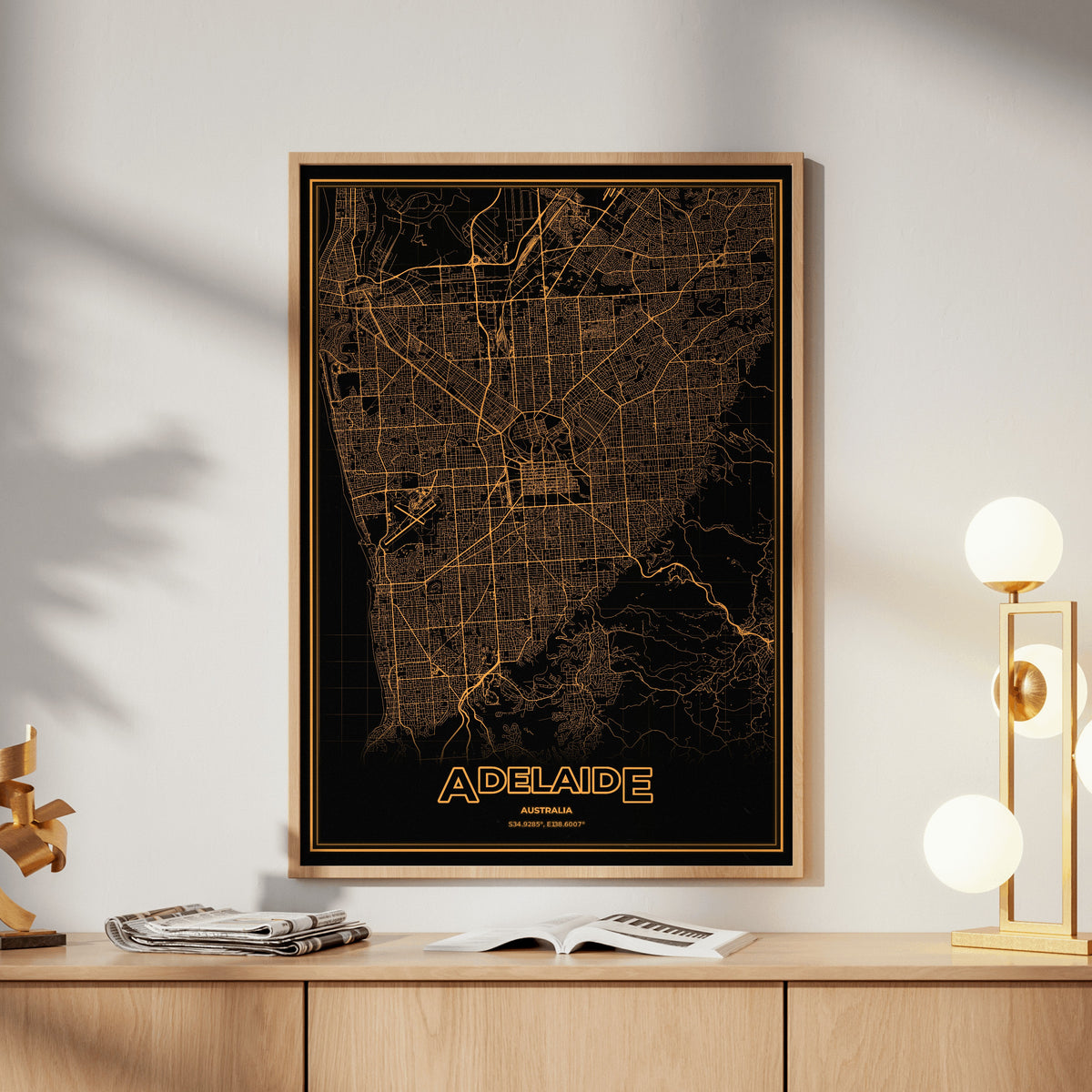 Adelaide Phosphor Map Poster - Amber CRT