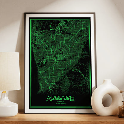 Adelaide Phosphor Map Poster - Phosphor Green