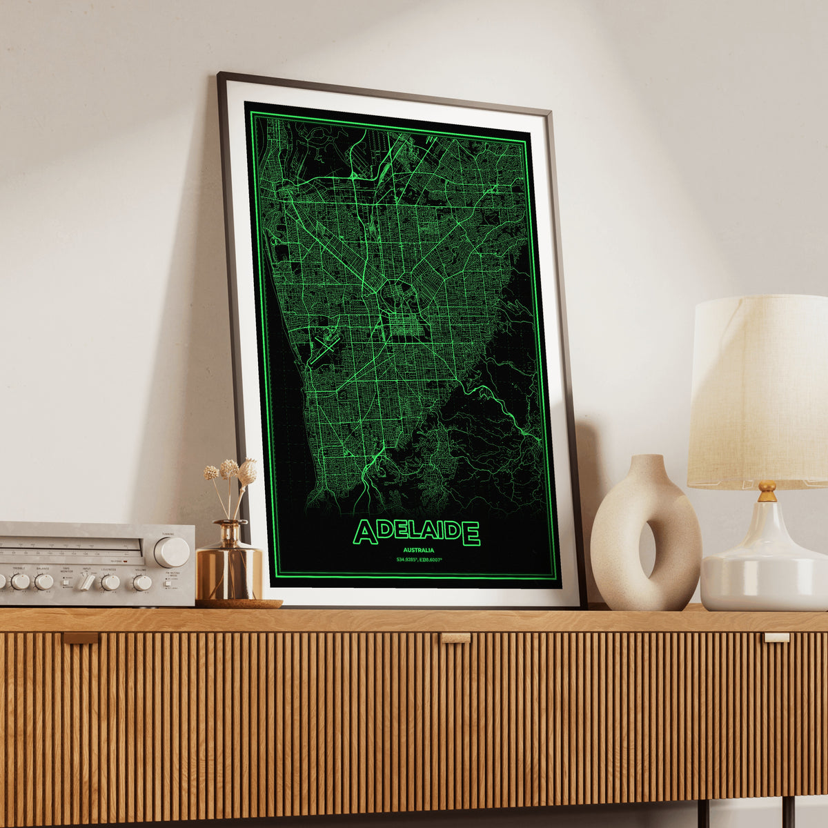 Adelaide Phosphor Map Poster - Phosphor Green