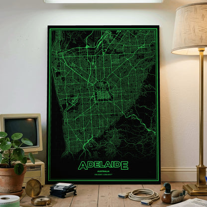 Adelaide Phosphor Map Poster - Phosphor Green