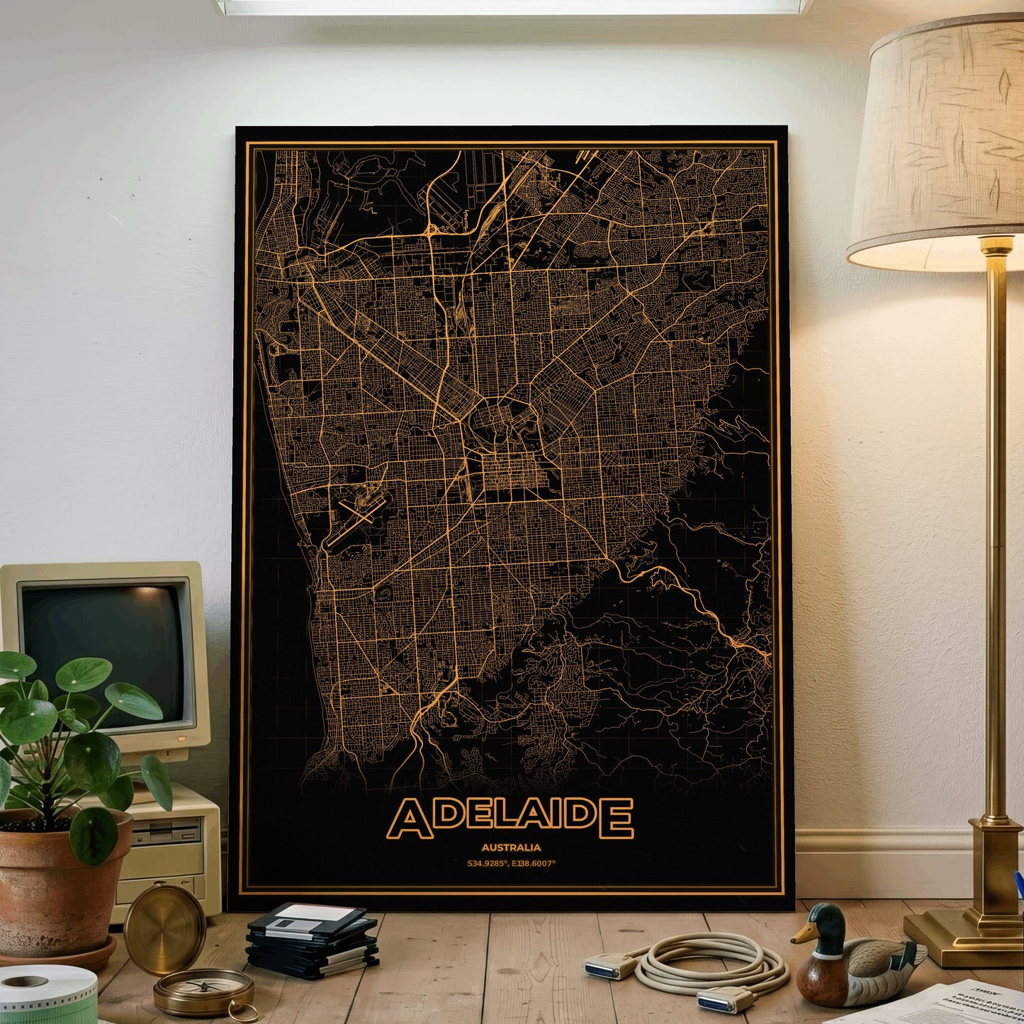 Adelaide Phosphor Map Poster - Amber CRT