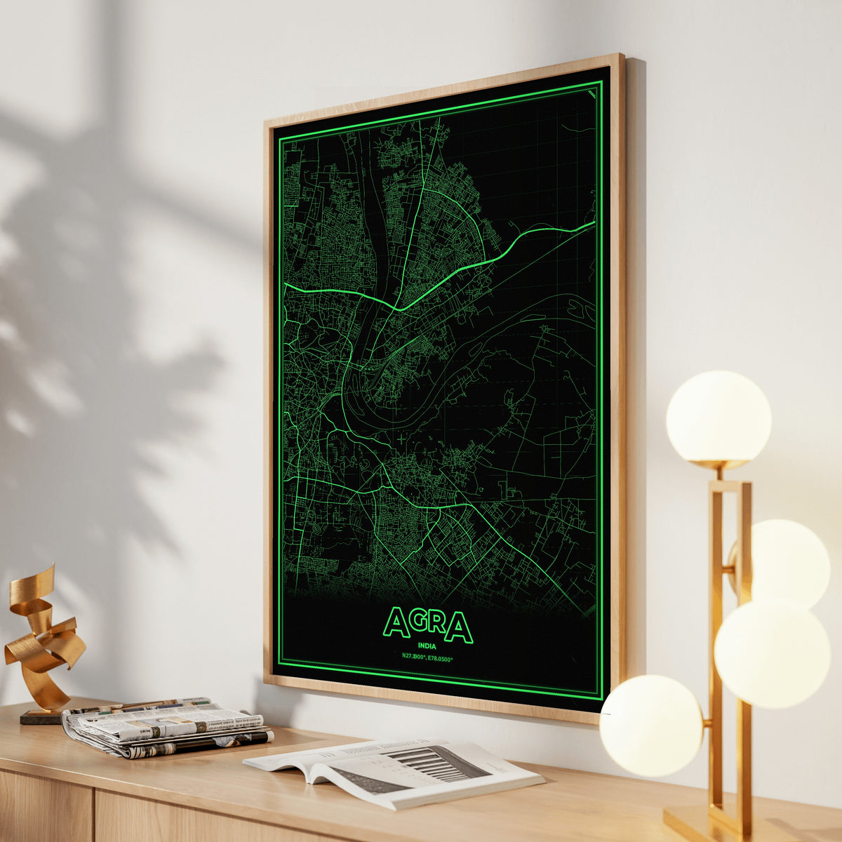 Agra Phosphor Map Poster - Phosphor Green