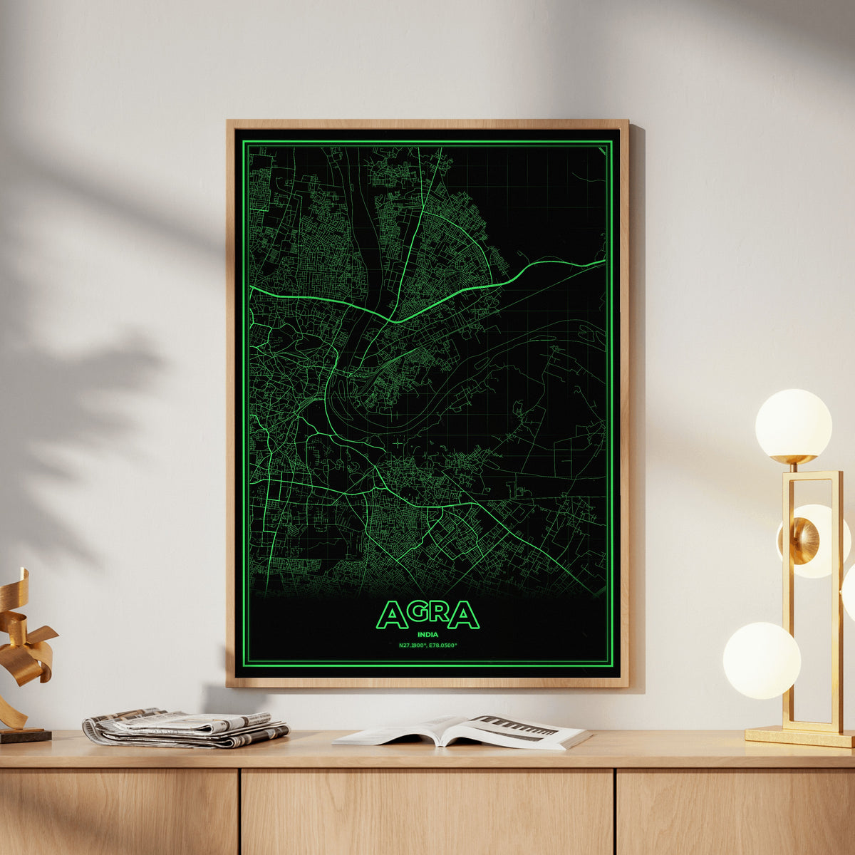 Agra Phosphor Map Poster - Phosphor Green