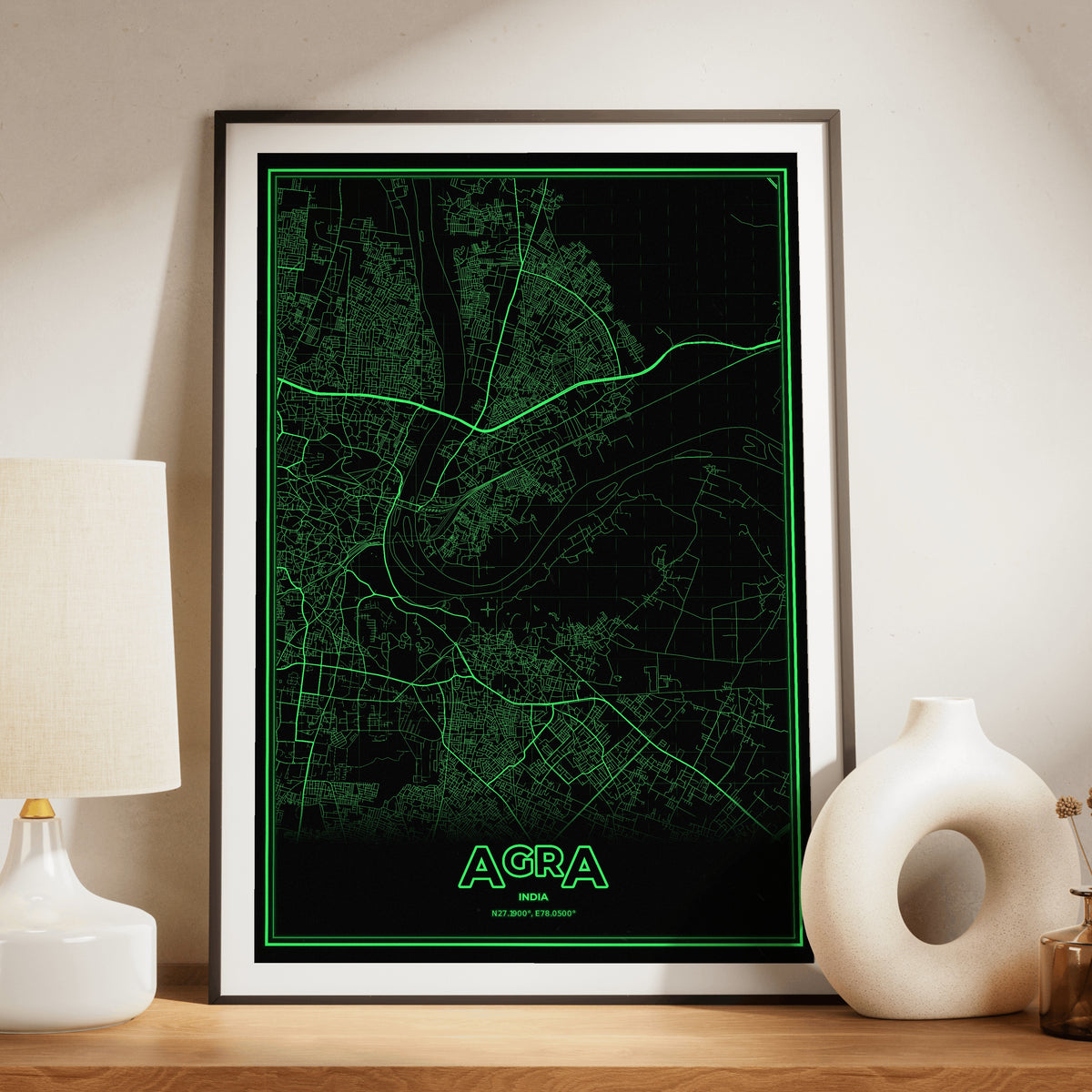 Agra Phosphor Map Poster - Phosphor Green