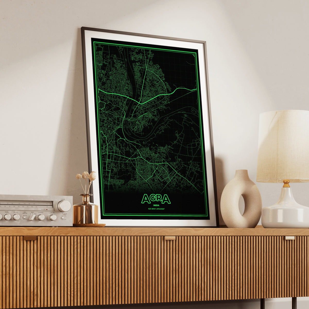 Agra Phosphor Map Poster - Phosphor Green