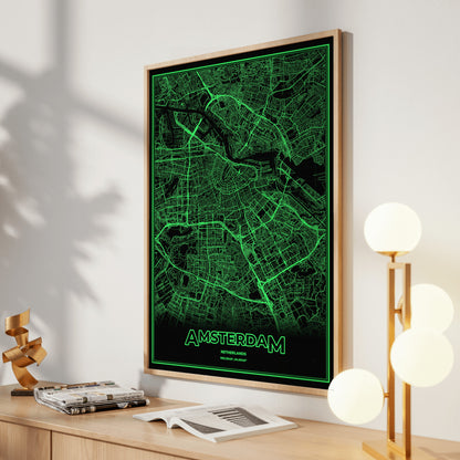Amsterdam Phosphor Map Poster - Phosphor Green
