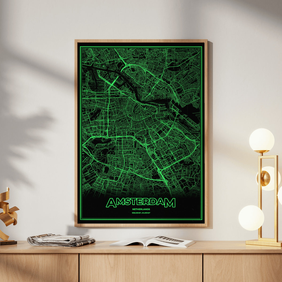 Amsterdam Phosphor Map Poster - Phosphor Green