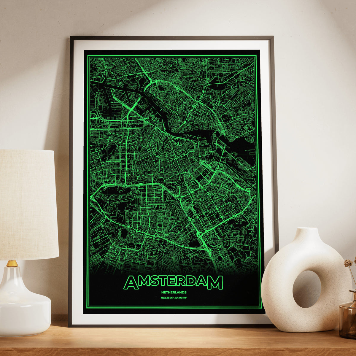 Amsterdam Phosphor Map Poster - Phosphor Green