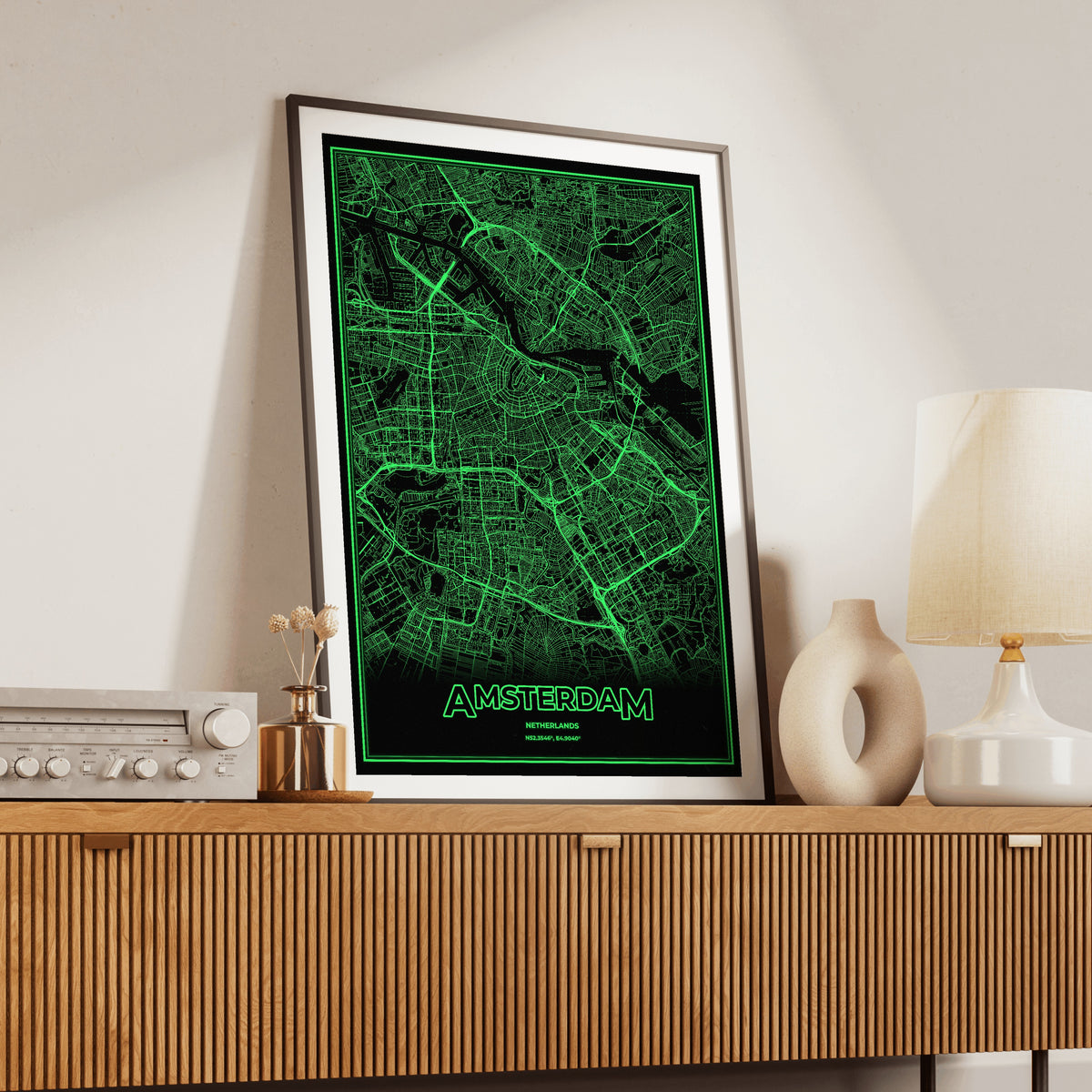 Amsterdam Phosphor Map Poster - Phosphor Green