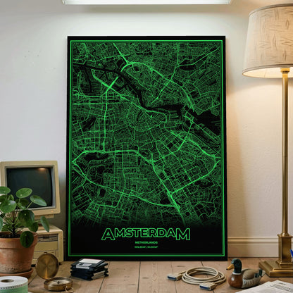 Amsterdam Phosphor Map Poster - Phosphor Green
