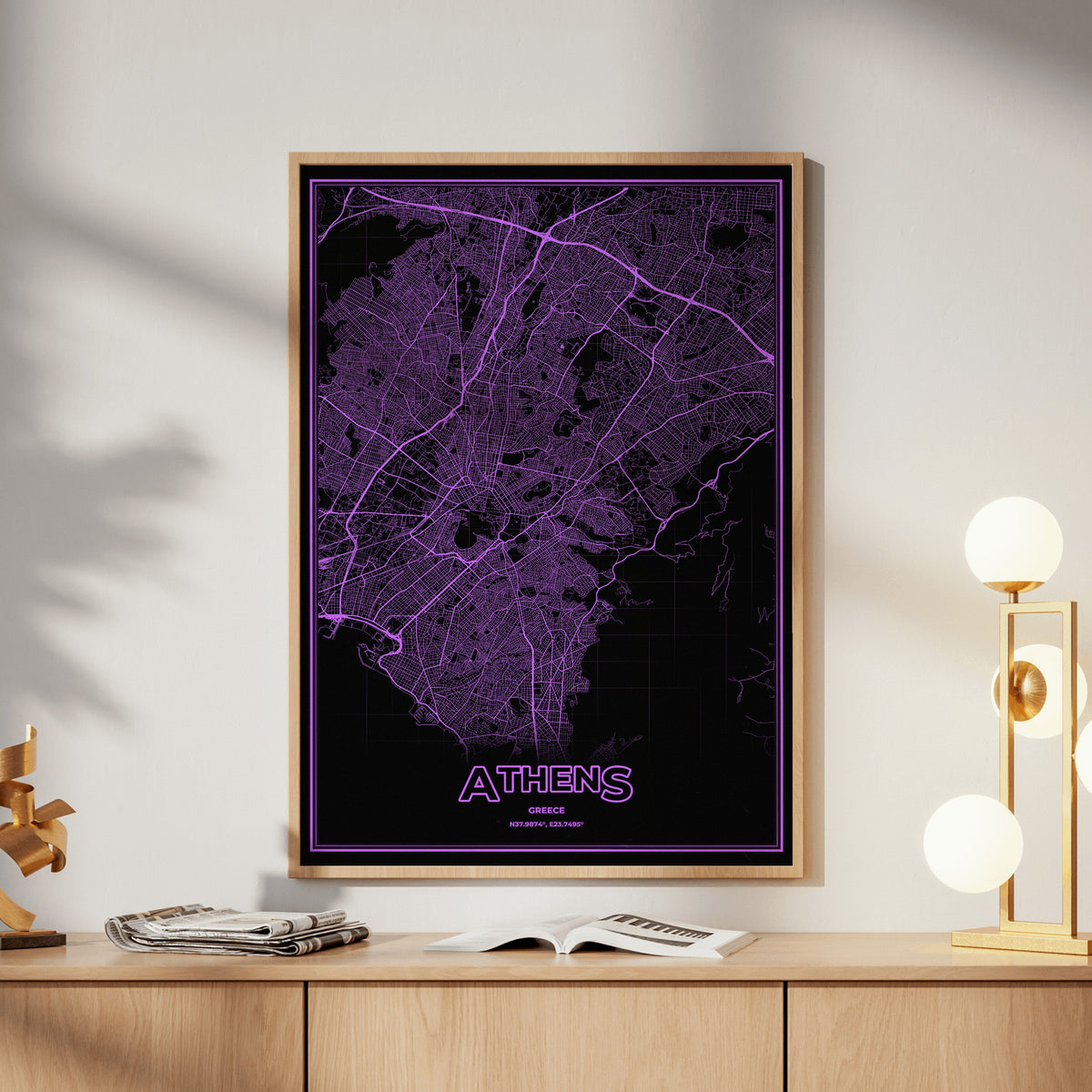 Athens Phosphor Map Poster - EGA Violet