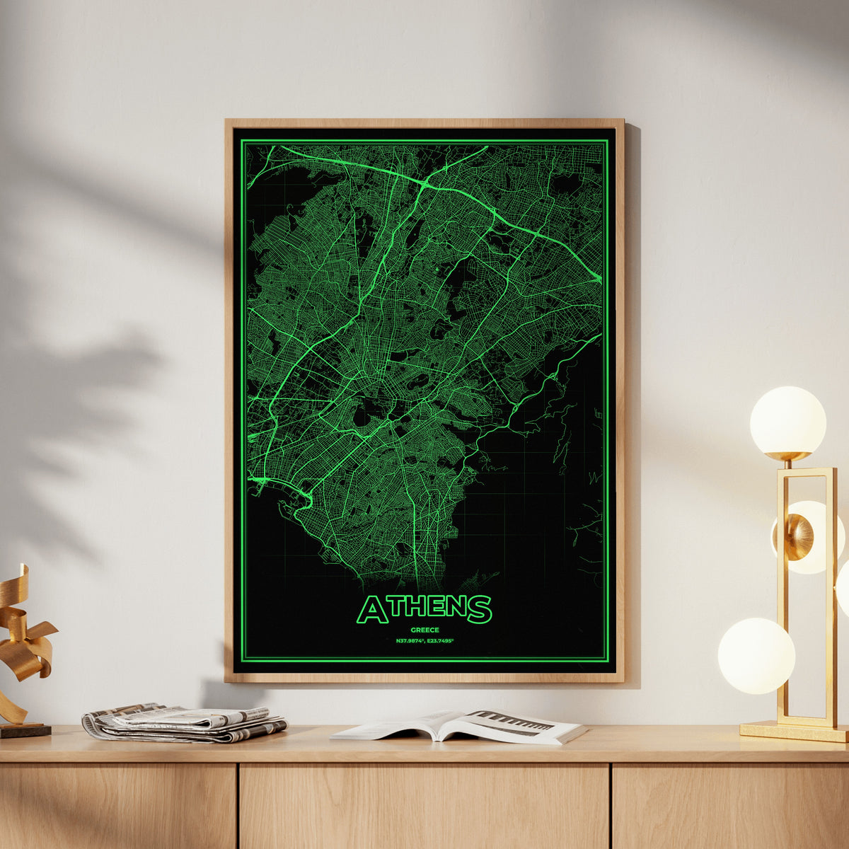 Athens Phosphor Map Poster - Phosphor Green