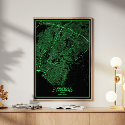 Athens Phosphor Map Poster - Phosphor Green