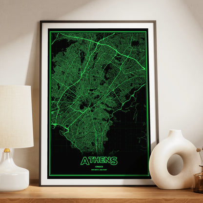 Athens Phosphor Map Poster - Phosphor Green