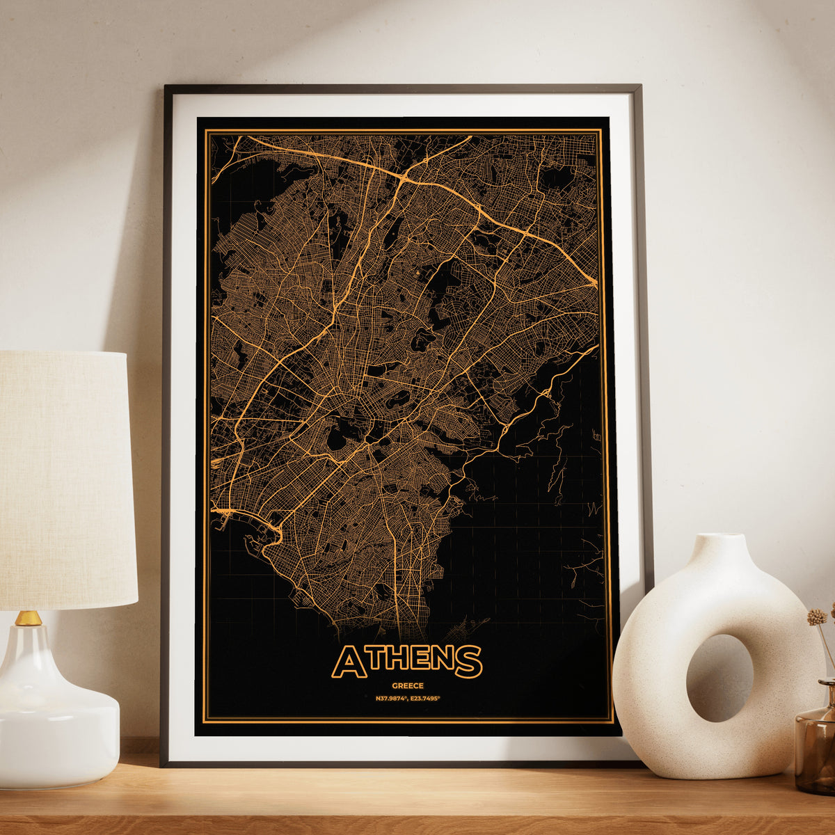 Athens Phosphor Map Poster - Amber CRT