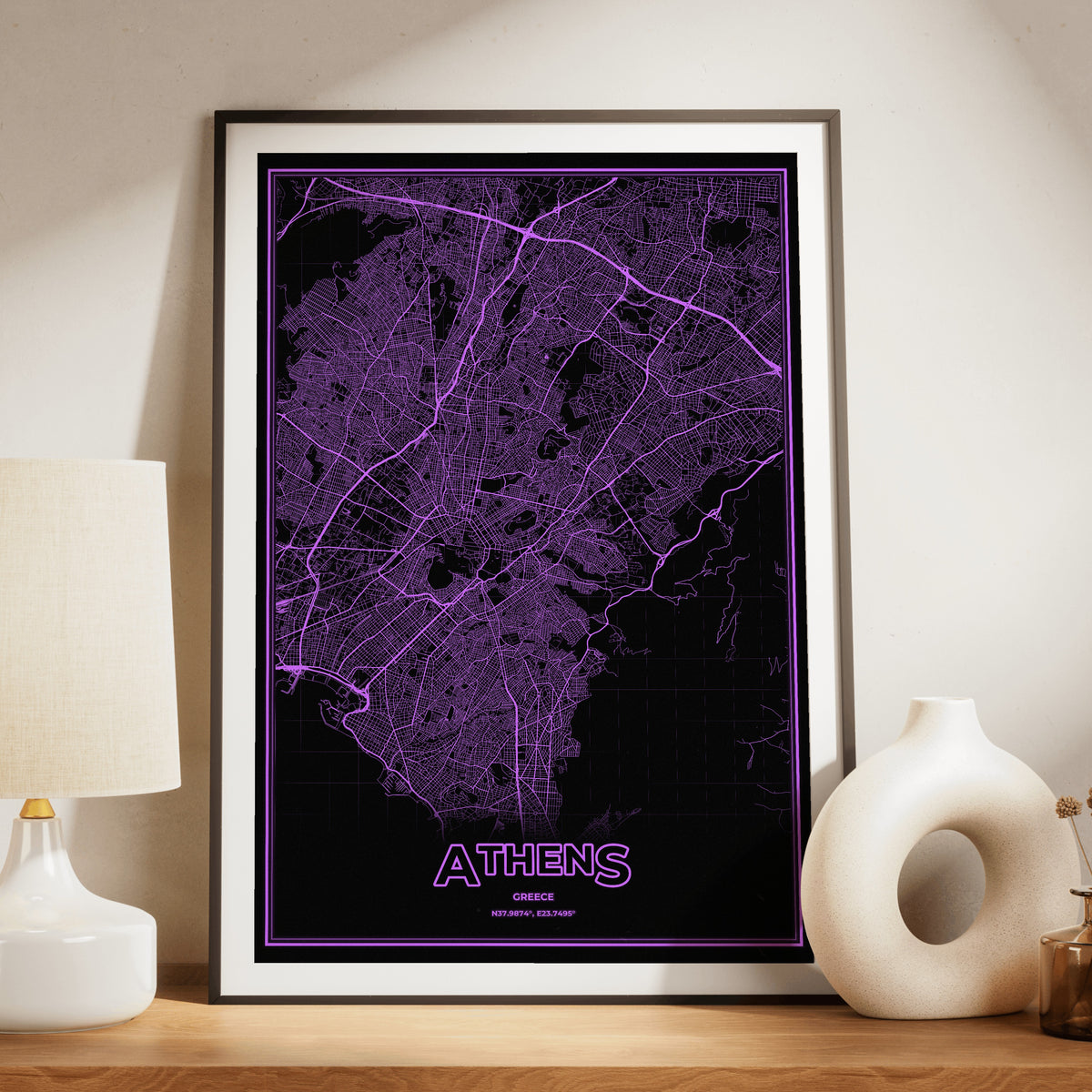 Athens Phosphor Map Poster - EGA Violet