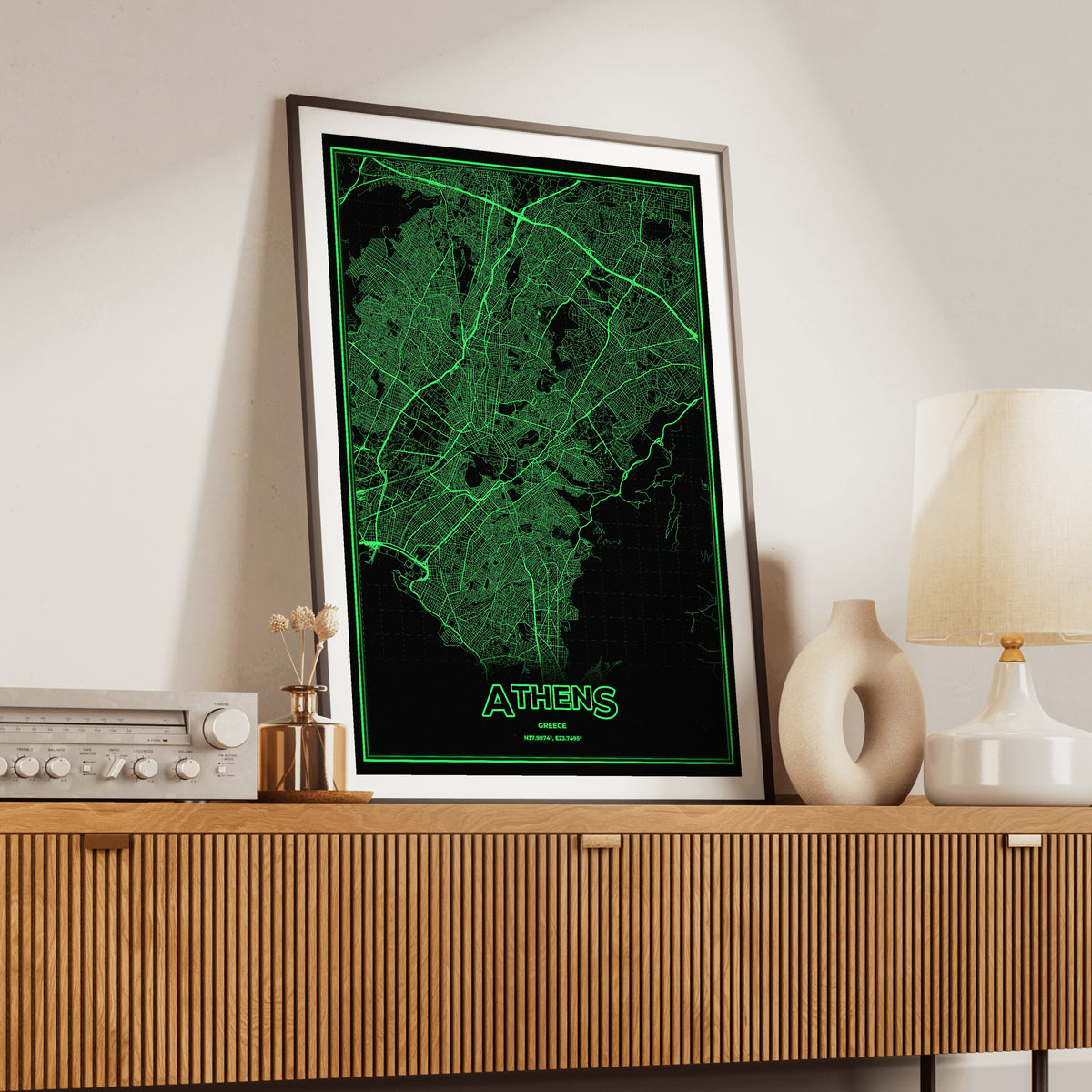 Athens Phosphor Map Poster - Phosphor Green