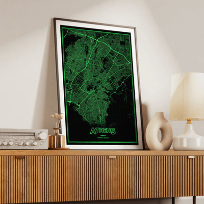 Athens Phosphor Map Poster - Phosphor Green