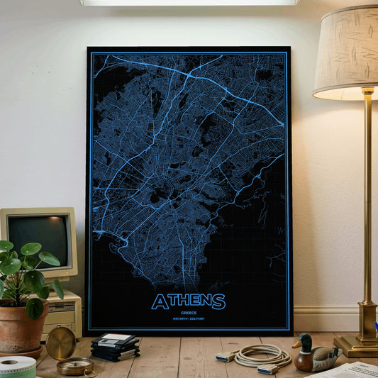 Athens Phosphor Map Poster - IBM Blue