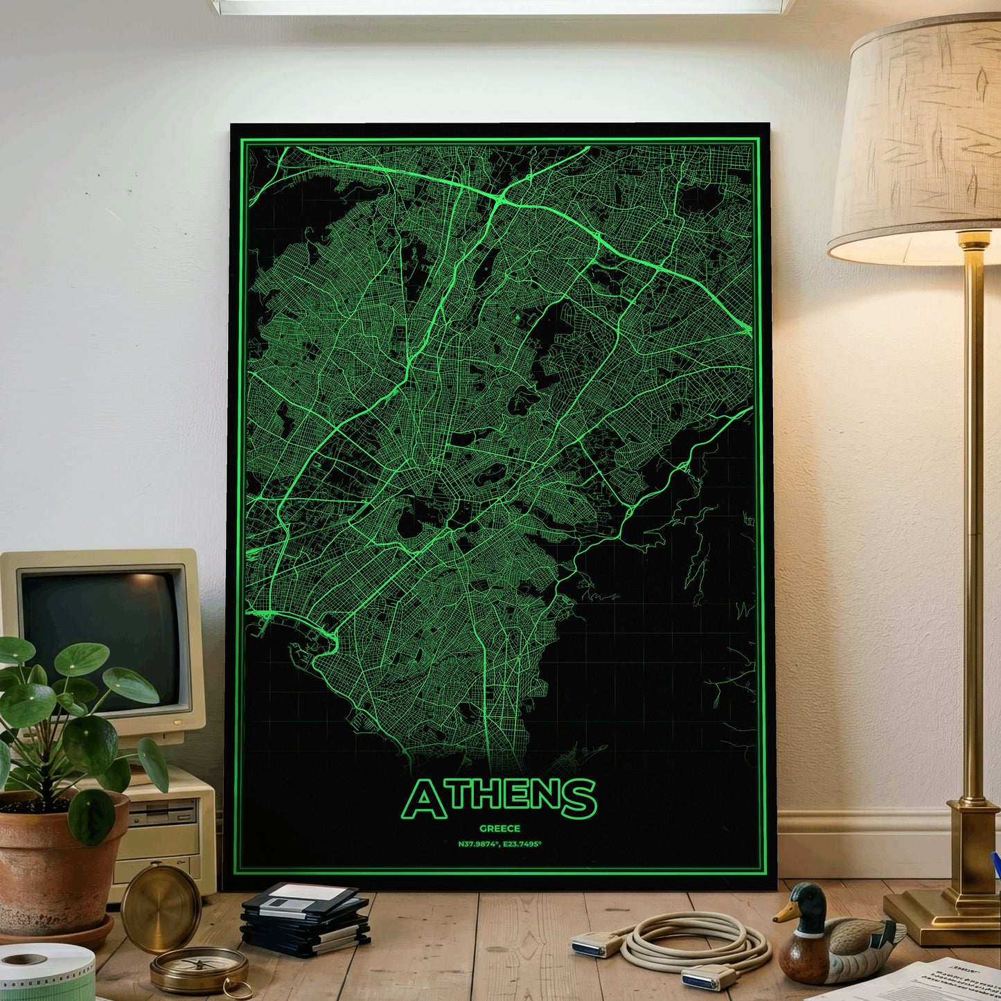 Athens Phosphor Map Poster - Phosphor Green