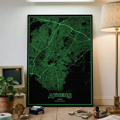 Athens Phosphor Map Poster - Phosphor Green