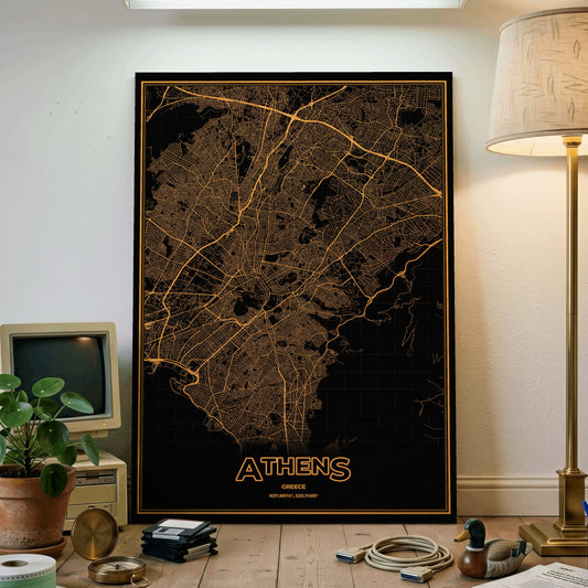 Athens Phosphor Map Poster - Amber CRT