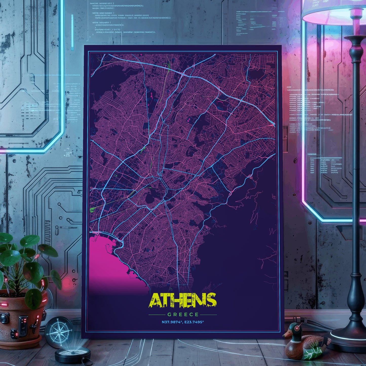 Athens Cyberpunk Map Poster