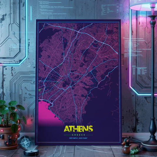 Athens Cyberpunk Map Poster