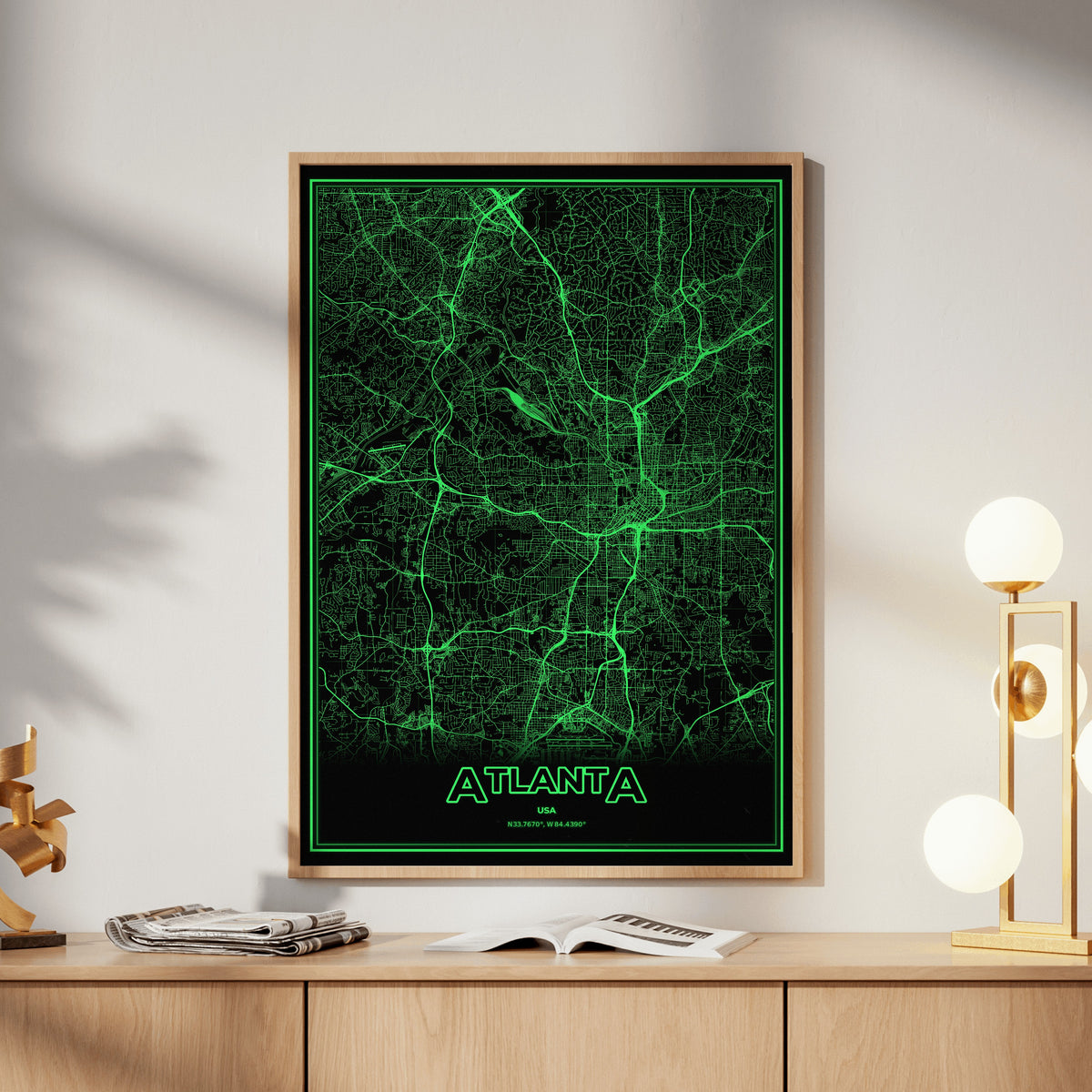 Atlanta Phosphor Map Poster - Phosphor Green