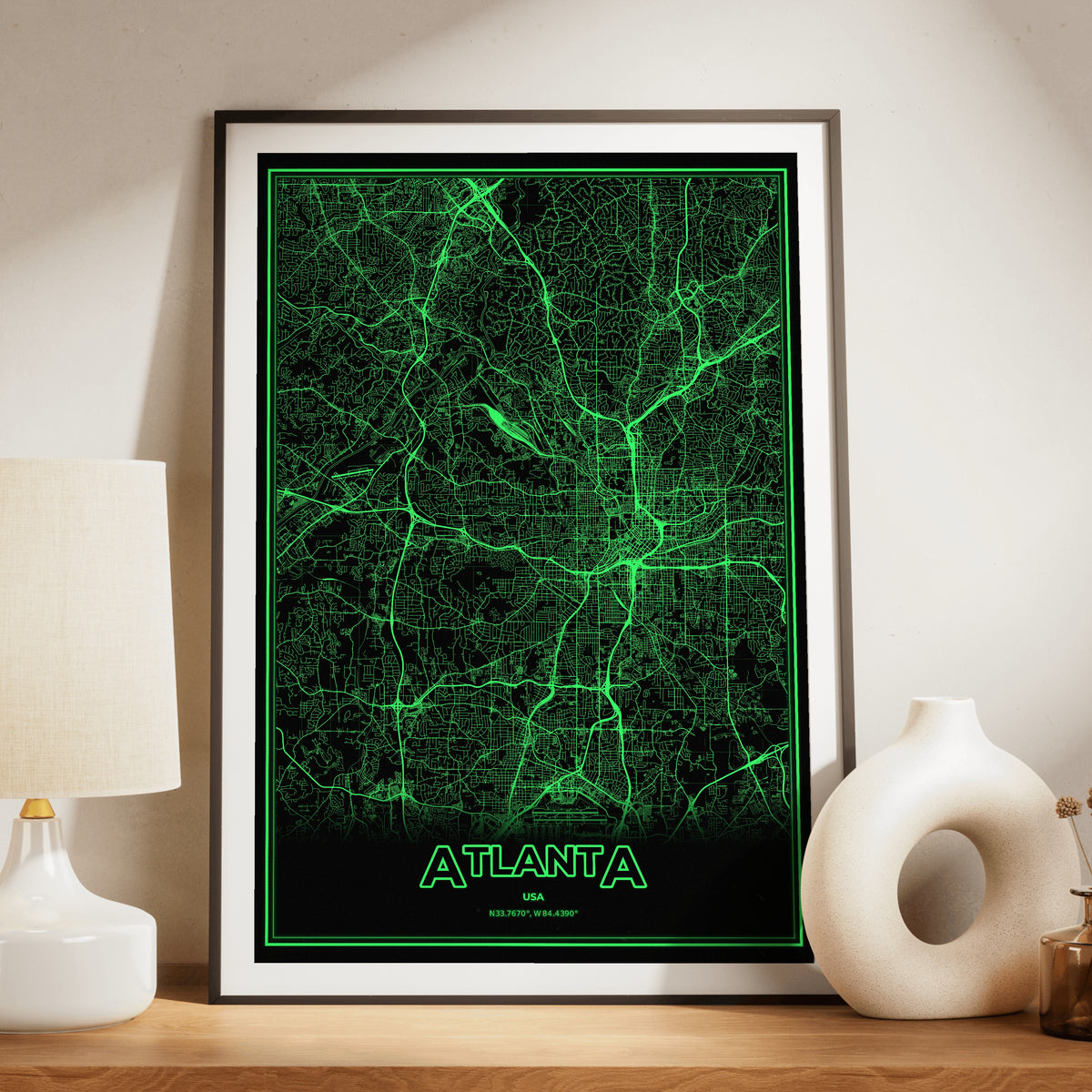 Atlanta Phosphor Map Poster - Phosphor Green