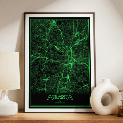 Atlanta Phosphor Map Poster - Phosphor Green