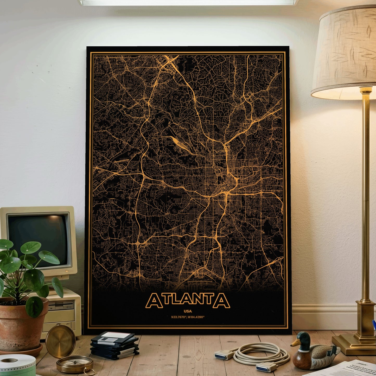 Atlanta Phosphor Map Poster - Amber CRT