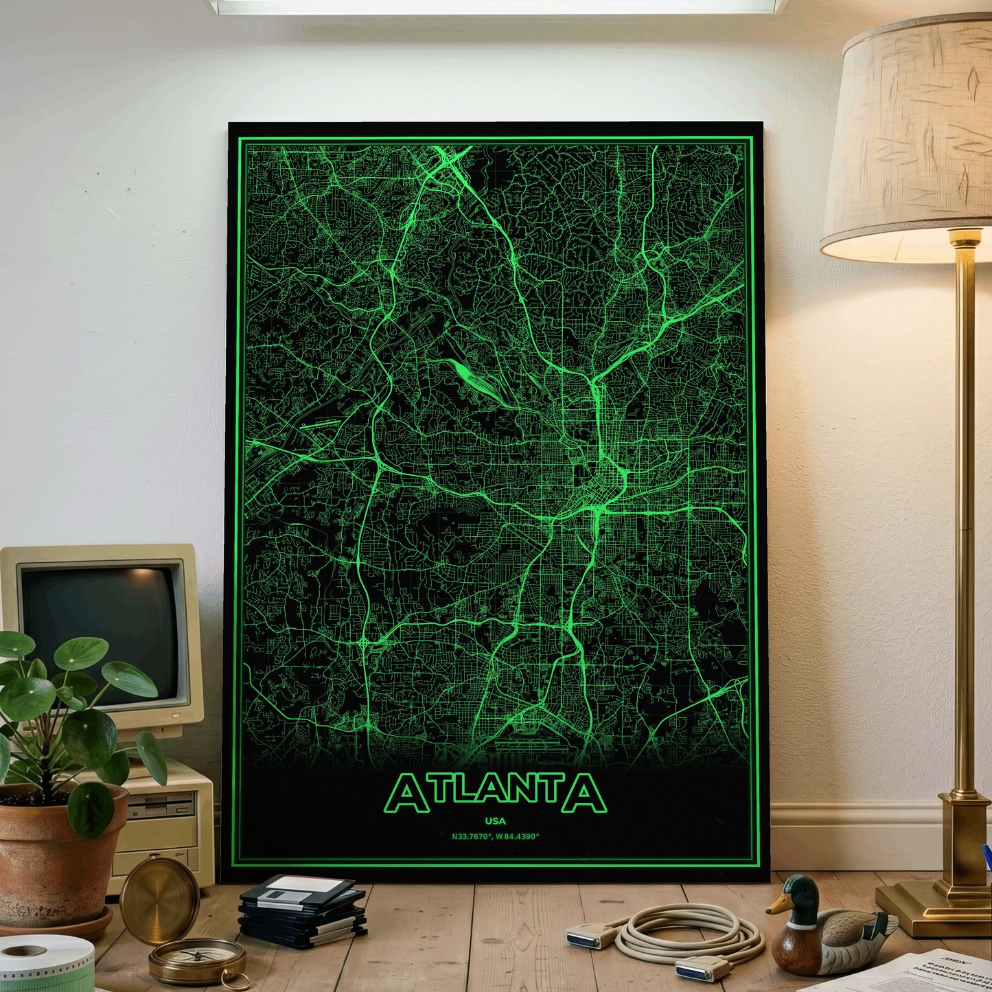 Atlanta Phosphor Map Poster - Phosphor Green
