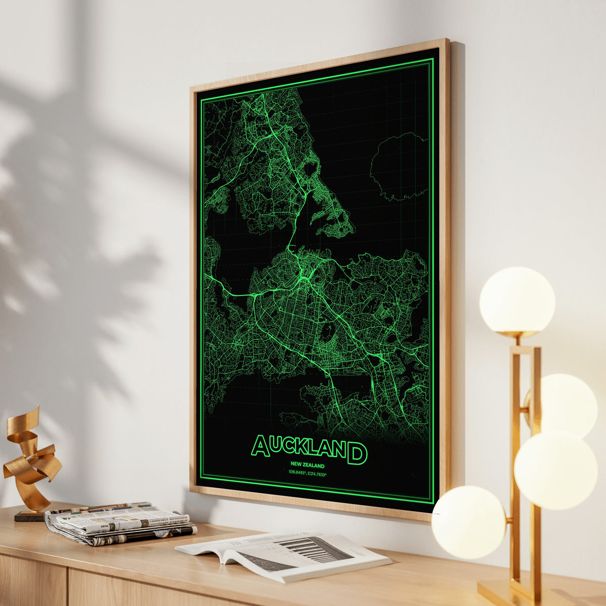 Auckland Phosphor Map Poster - Phosphor Green