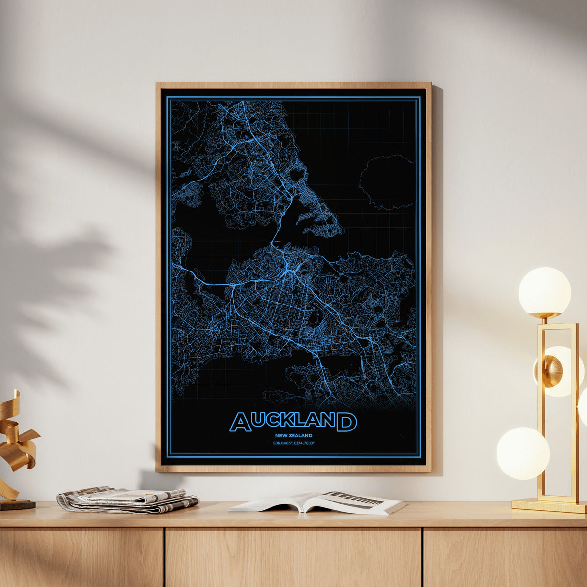 Auckland Phosphor Map Poster - IBM Blue