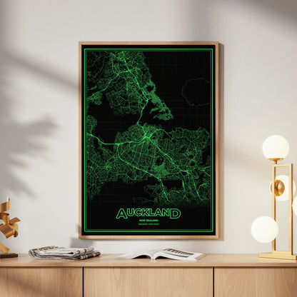 Auckland Phosphor Map Poster - Phosphor Green