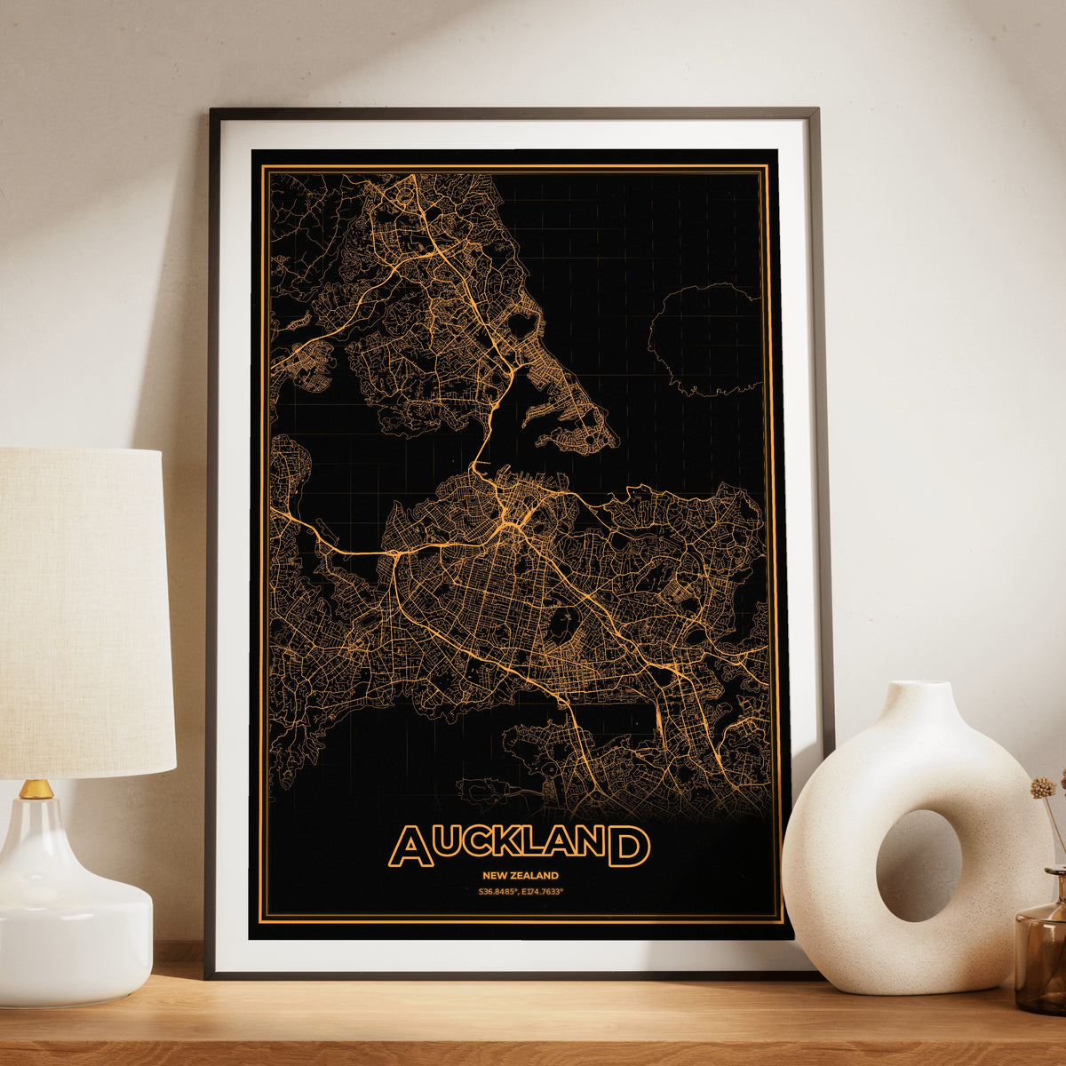 Auckland Phosphor Map Poster - Amber CRT