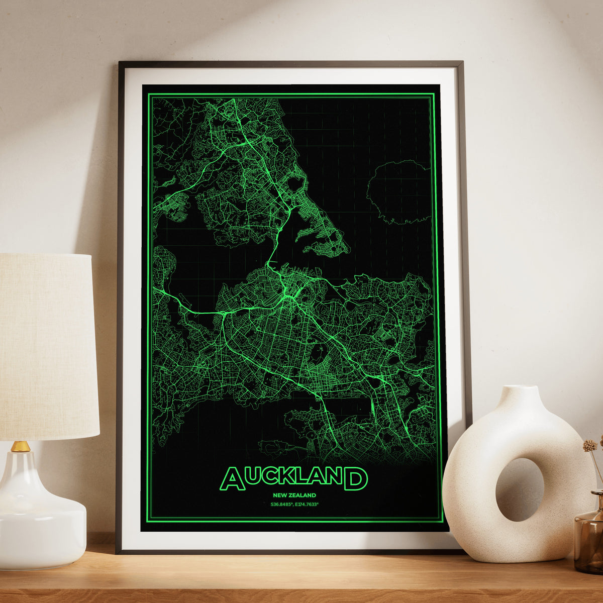 Auckland Phosphor Map Poster - Phosphor Green