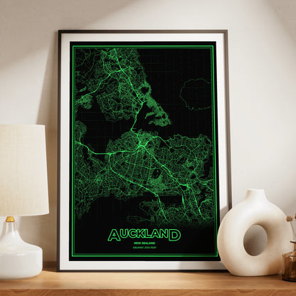 Auckland Phosphor Map Poster - Phosphor Green